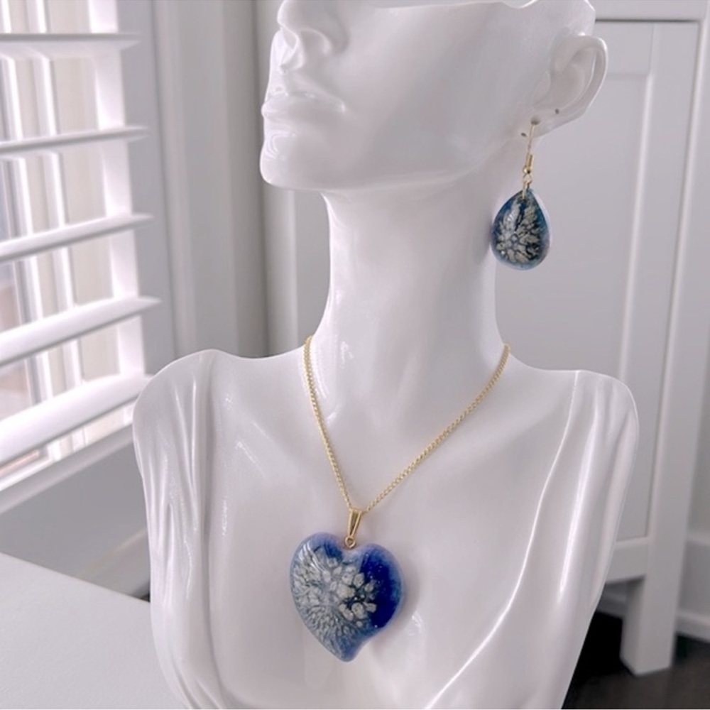 ✨Host Pick✨ Handmade Heart Pendant Necklace & Tear Drop Earrings, Gold Blue Love